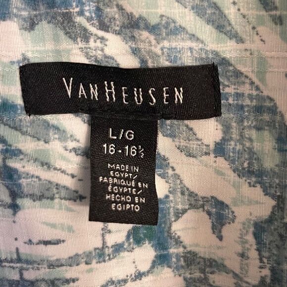 Men’s Van Heusen Large Short Sleeve Collared Button Up Blue Green Abstract Print - Picture 3 of 8
